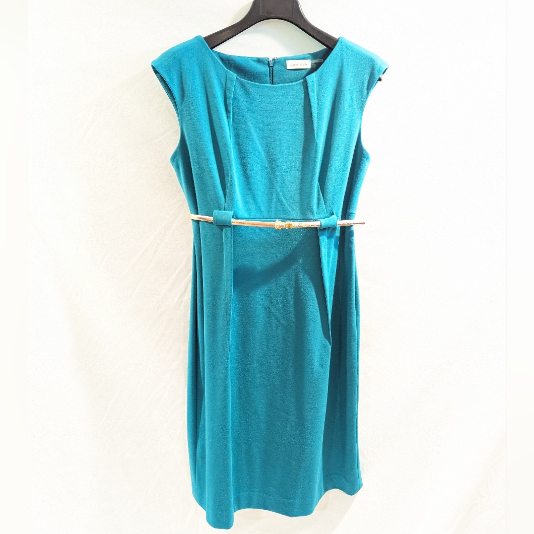 Women's Size 12 Calvin Klein Sleeveless Aqua Knee Length Dress With Gold Belt